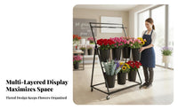Multi-Layer Design Tiered Flower Container Stand Foldable 3-Tier Floral Arrangement Cart Ladder Structure Display Furniture Includes 12 Containers for Event Planners, Gardeners, Homeowners, Garden Center, Market Stall, Wedding Venue, Balcony