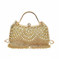 Wrist Strap Rhinestone Fringe Clutch Glamorous Beaded Wristlet Purse Gold Frame for Banquet, Wedding