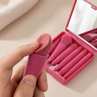 Mini Portable 5-Piece Makeup Brush Set with Mirror Case - Soft Bristle Powder & Foundation Brushes