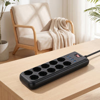 10-Way Desktop Power Strip with USB Overload Protection Power Strip with USB Ports Compact Multi-Plug Outlet with Switch Space-Saving for Office, Dorm Room