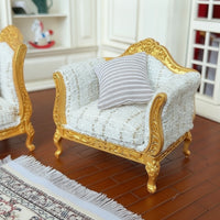 Dollhouse Sofa with Gold Frame Upholstered Miniature Settee with Ornate Frame Textured Dollhouse Sofa for Collectors, Hobbyists