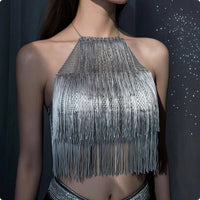 Halter Crop Shirt Glittery Embellished Crop Shirt Sparkling for Women, Festivals, Night Venues, Parties