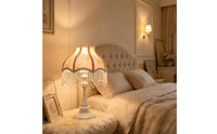 Pedestal Lamp with Shade Dimmable Fringe Lamp with Crystal Beads Beaded Nightstand Light USB Dimmer for Reading Corner