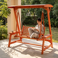 Wooden Swing Bench with Canopy Shaded Freestanding Garden Swing Slatted for Backyard