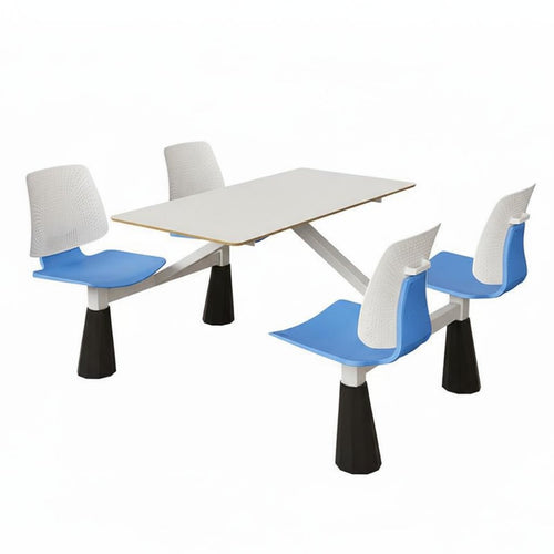 Attached Dining Table and Chair Set Steel Frame Cafeteria Table with Attached Seats Thickened Tabletop 4-Person Cafeteria Unit for Employees