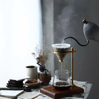 Italian Coffee Dripper Set with Wooden Base and Aluminum Stand, Glass Carafe