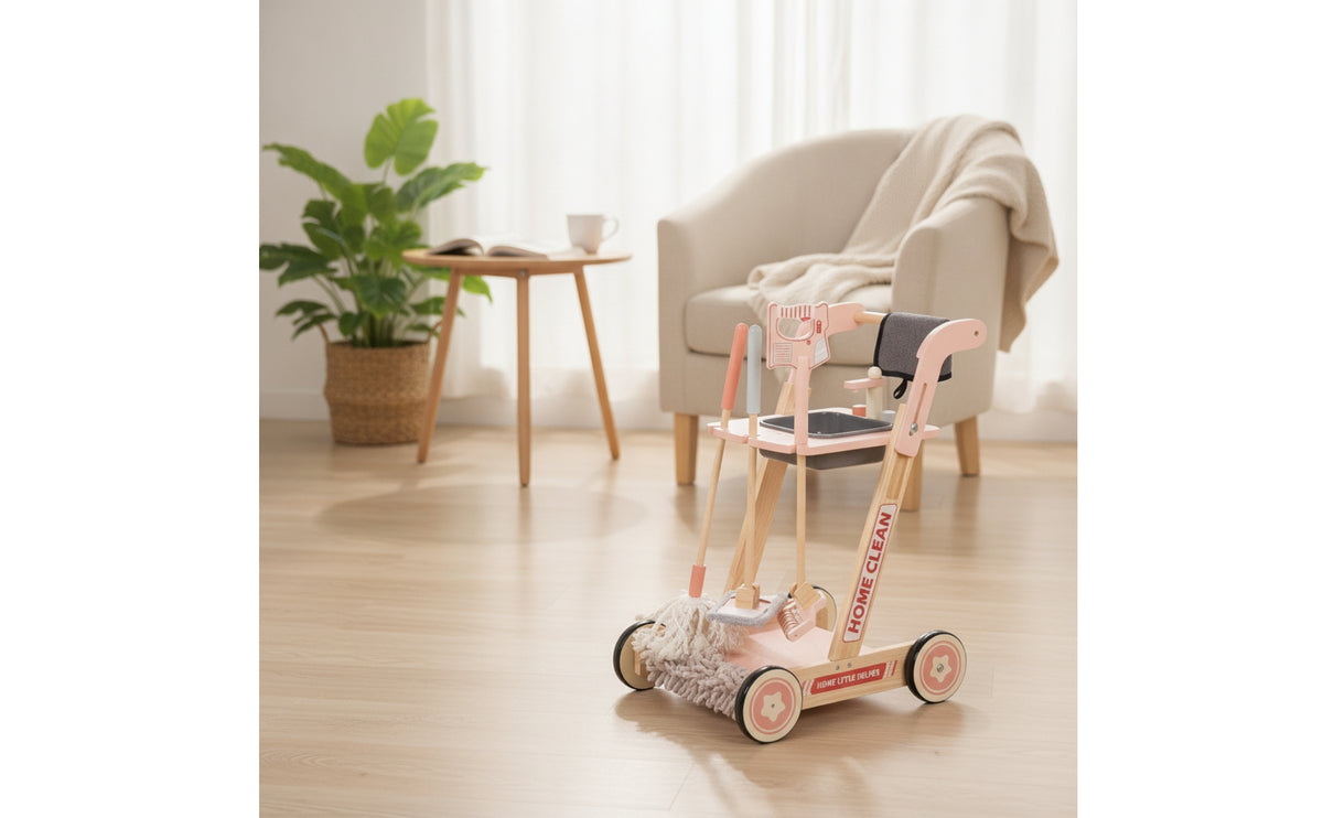 Wooden Cleaning Trolley Adjustable Pretend Play Trolley Educational Toy Cleaning Cart with Accessories for Classroom