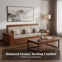 Walnut Wood Carved Sofa Set Double Use Winter Summer Chinese Design Wooden Sofa Mortise and Tenon Joinery Sectional Couch with Storage for Families