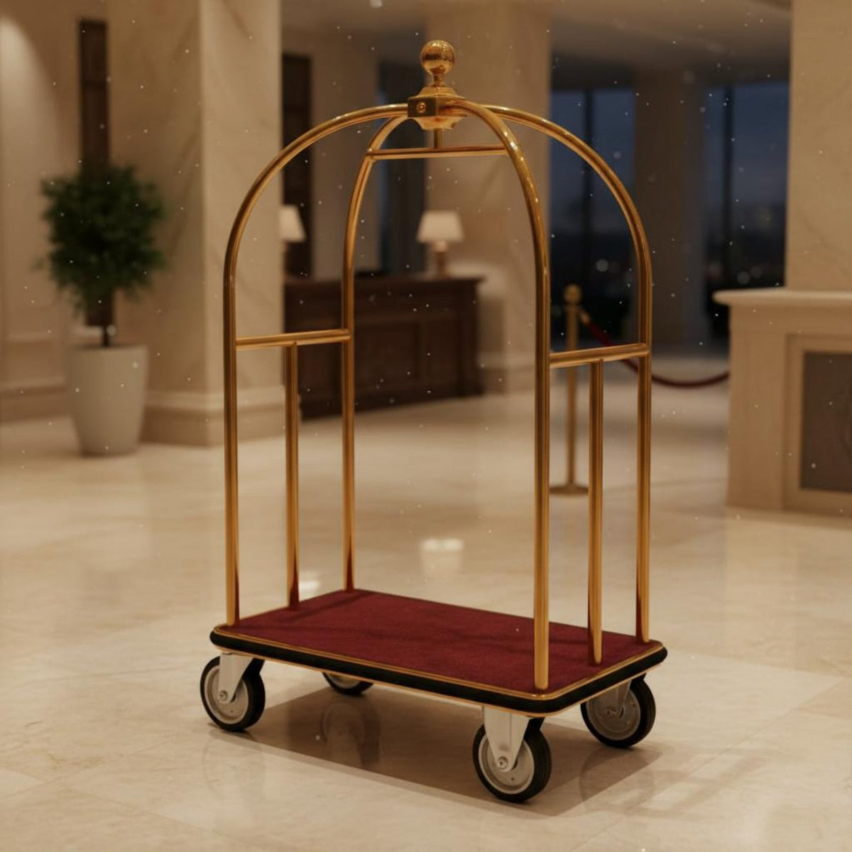 Titanium Gold Finish Hotel Luggage Cart Long-Lasting Steel Construction Bellman's Cart Effortless-Rolling Wheels Commercial Luggage Trolley High Load Capacity for Bellhops, Porters, Event Personnel, Hotels, Resort, Airports, Cruise Ship