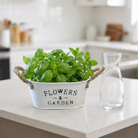 Farmhouse Oval Planter with Rope Handles Rustic Metal Planter Container White Flowers and Garden Container Tapered for Tabletop