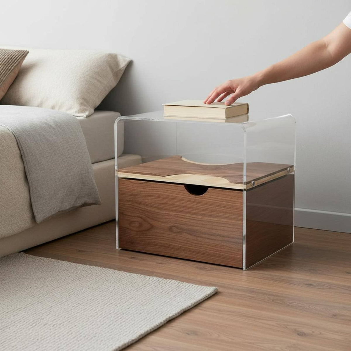 C-Shaped Accent Table Retro-Modernperiod Modern Nightstand Designer Inspired Space-Saving for Renters, Living Room, Small Spaces