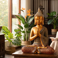Gold Thai Buddha Statue Ornate Buddha Statue Praying Sculpture Lustrous for Buddhists, Collectors, Meditation Room, Entryway, Office