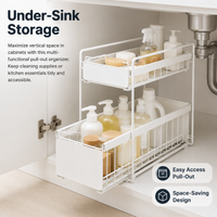Under Sink Storage, 2 Tier Pull Out Cupboard Organiser, White Metal Kitchen Storage with Sliding Drawer, Space Saving for Cleaning Supplies