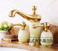 European-Style Three-Hole Basin Faucet with Natural Jade, Brass, Antique Finish