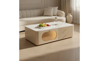 Glossy Coffee Table with Drawers Modern Coffee Table with Concealed Storage Fluted Furniture Stone-Look for Living Room, Apartment