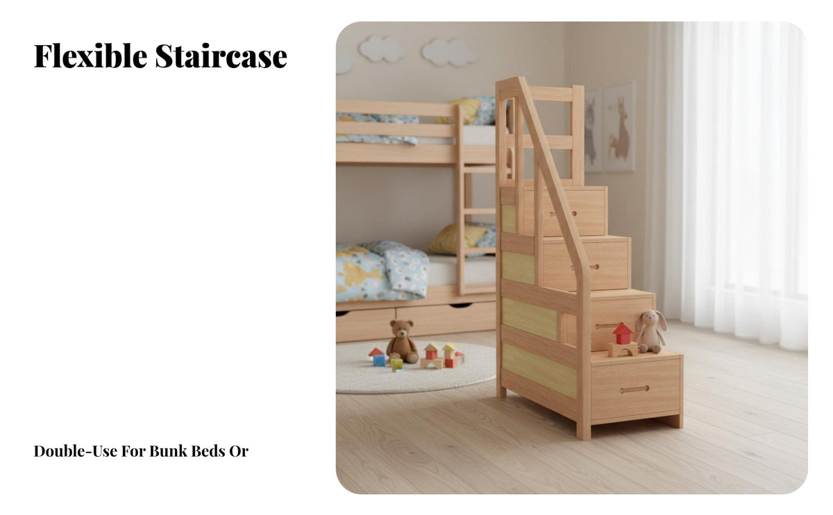 Space Saving Design Bunk Bed Storage Stairs Reversible Handrail Beech Wood Bunk Bed Steps Full-Length Guardrails Wooden Drawer Step Cabinet for Children, Families, Parents, Small Areas, Dormitory, Guest Room, Home