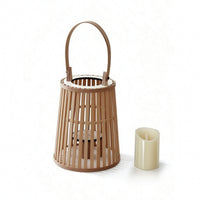 Lantern with Electronic Candle Slatted Bamboo Lantern Textured for Entryway