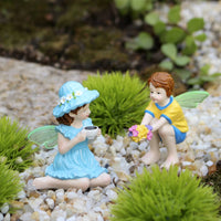 2 Pieces Boy and Female Fairy Figurines Hand Painted Miniature Whimsical Pair Statue Waterproof Figurine Set for Balcony, Desktop