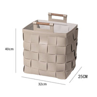 Woven PU Leather Basket Elegant Design Leather Storage Bin with Wood Handles Large Capacity Decorative Storage Bin for Bedroom, Washroom