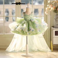 Green Flower Girl Dress with Train Large Back Bow for Wedding, Performance