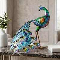 2 Pieces Metal Peacock Figurine Large Tail Peacock Figurine Colorful for Outdoor