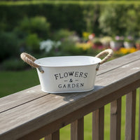 Farmhouse Oval Planter with Rope Handles Rustic Metal Planter Container White Flowers and Garden Container Tapered for Tabletop