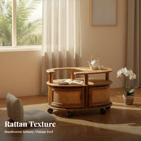 2-Tier Rolling Trolley Woven Design Crescent-Shaped Rolling Cabinet for Bedroom
