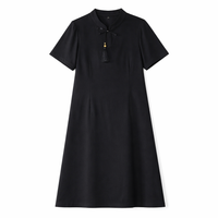 Plus Size Midi Dress with Frog Buttons and Three Quarter Sleeves for Office Wear, Stretch Blend in Flared Silhouette, Fit up to 8XL