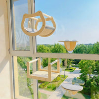 Wall Mounted Cat Bed and Window Perch, Solid Wood Hammock Bed with Steps, Versatile Cat Hammock for Indoor Cats Playing and Climbing