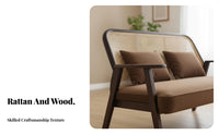 sturdy Wood Frame Rattan Backrest Sofa Nordic design Upholstered Bench with Cane sides Minimalist Design Couch Padded Seat for Apartment Dwellers, Guesthouse Owners, Living Room, Reception Area, Office Lounge, study alcove