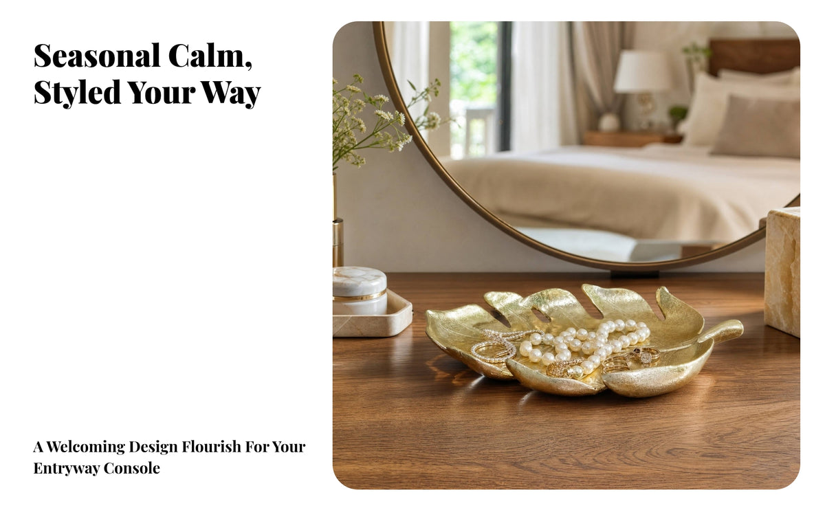 Gilded Foliage-Shaped Tray with Stem | Embossed Vein Detailing, Leaf Tray, for Vanity