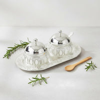 2 Pieces Condiment Holder Tray Set Floral Scrollwork Oval Tray Jar Set Embossed