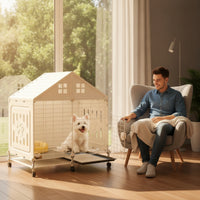 Dog Villa Pull-Removable House with Tray Lockable Indoor Pet Crate for Small Dogs, Pups, Living Room, Bedroom