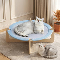 Elevated Cat Bed with Two-Tier Round Woven Design, Wood Cat Hammock with Cooling Mat for Indoor Cats, Raised Bed Indoor Resting Place for Pets