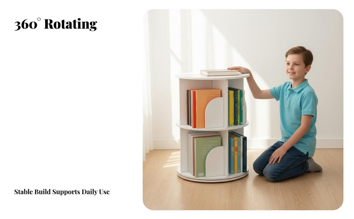 Space Saving Rotating Bookshelf Large Capacity 360 Degree Revolving Bookcase Easy Assembly Floor Standing Bookcase Sturdy Construction for Children, Students, Study Room, Small Areas, Playroom, Home Office