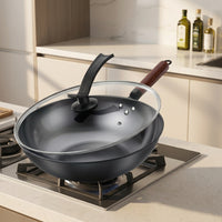 Frying Pan for Induction Hob and Stir Fry, Uncoated Cast Iron Wok with Lid for Home Cooking, Easy to Use Wooden Handle, Induction Wok Fry Pan