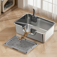 Cat Toilet Tray and Pan, Stainless Steel with 60cm Internal Length and Lid, Easy Cleaning Side Entry for Large Adult Cats