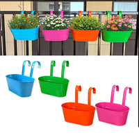 Rustic Iron Oval Hanging Flower Pot with Double Hooks for Fence