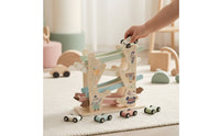 Pastel Wooden Car Ramp with Cars Tabletop Sliding Track Toy with Cars Educational Car Ramp Toy Compact for Toddlers, Preschoolers, Kids, Playroom, Nursery, Preschool