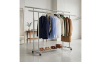 Mobile Double Rod Clothes Rack with Shoe Shelf Portable Double Rod Clothes Rack Sturdy Furniture Stable for Laundry Room