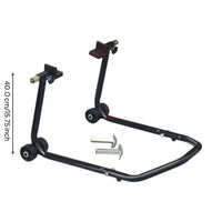 Steel stand lifts motorcycle wheels.