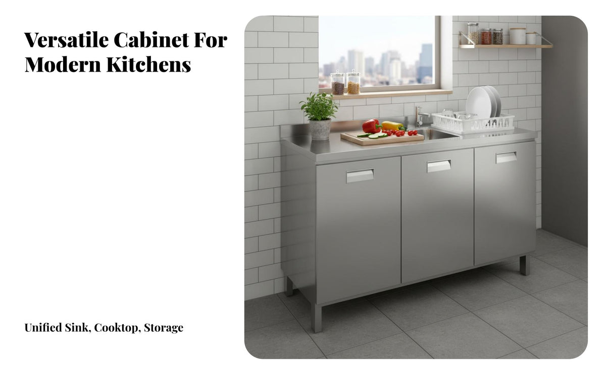 Waterproof and Rustproof Stainless Steel Kitchen Cabinet Rust-Resistant Kitchen Cabinet with Countertop Easy to Clean Tall Storage Cupboard with Doors Thickened Material for Landlords, Homeowners, Home Cooks, Rental Property, Apartment, Utility Room