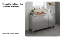 Waterproof and Rustproof Stainless Steel Kitchen Cabinet Rust-Resistant Kitchen Cabinet with Countertop Easy to Clean Tall Storage Cupboard with Doors Thickened Material for Landlords, Homeowners, Home Cooks, Rental Property, Apartment, Utility Room