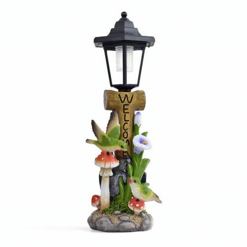Welcome Statue with Hummingbirds Outdoor Garden Ornament with Solar Lantern