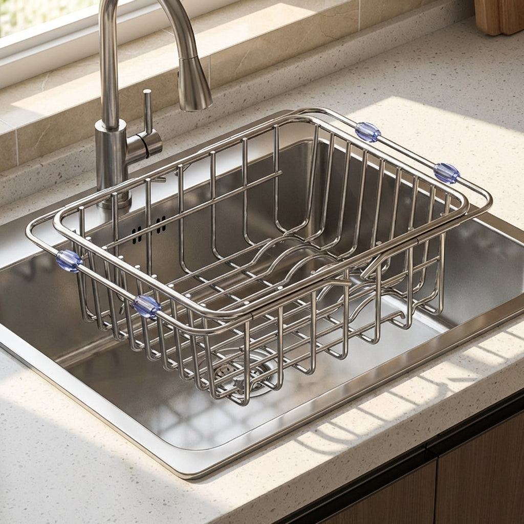 Extendable Drain Basket Kitchen Sink Drainer, Stainless Steel Dish Rack with Open Bottom, Over the Sink Drainer for Space Saving Counter Space