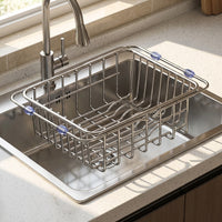 Extendable Drain Basket Kitchen Sink Drainer, Stainless Steel Dish Rack with Open Bottom, Over the Sink Drainer for Space Saving Counter Space