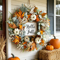 Realistic Pumpkin and Maple Leaf Wreath for Autumn Farmhouse Thanksgiving Decoration