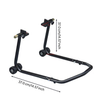 Steel stand lifts motorcycle wheels.