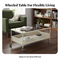 2-Tier Glass Top Tea Table With casters Mobile Storage Space-Saving for Renters