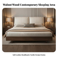 Leather Headboard Bed Mortise and Tenon Joinery Solid Wood Bed Frame Heavy Duty Support